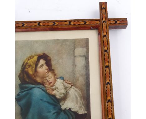 A Victorian Tunbridge Ware parquetry frame with inset print, overall height 42cm