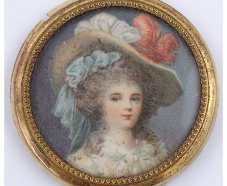 A 19th century miniature watercolour portrait of a Gainsborough lady, gilt metal and ivory frame, diameter 5.5cm