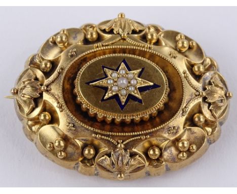 A Victorian unmarked gold pearl and enamel memorial brooch, length 48.2mm, 10.6g