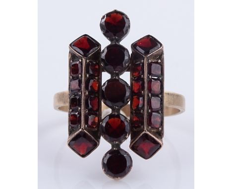 A Victorian unmarked gold flat-top garnet ring, setting height 24.9mm, size L, 3.2g