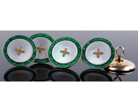 5 18ct gold mother-of-pearl and green enamel buttons, diameter 15.1mm, 8.4g