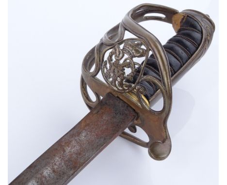 A George IV military sword, pierced brass basket hilt with leather covered grip, no scabbard