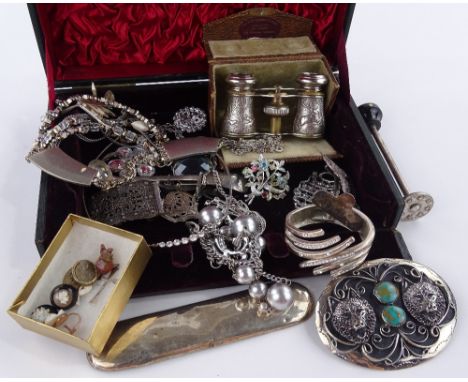 A box of various jewellery, including cameos and silver