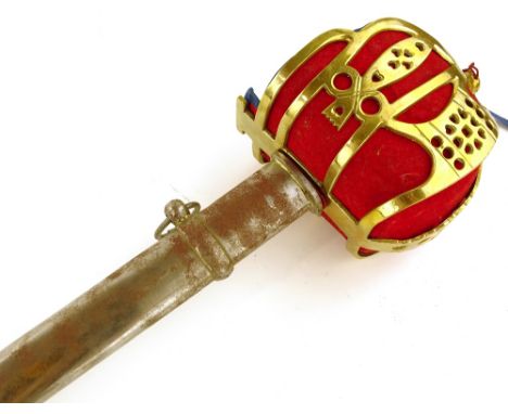 A reproduction Scottish style broadsword, brass bowl hilt with steel scabbard