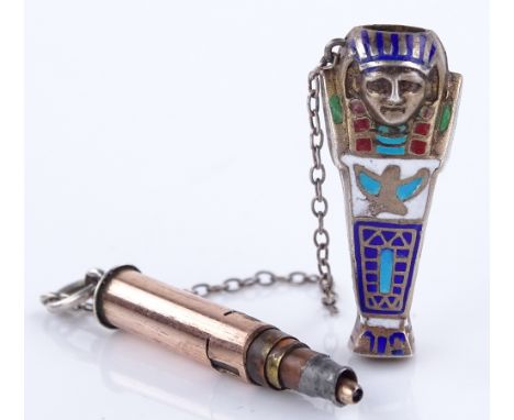 A miniature Egyptian style silver and enamel propelling pencil, in the form of a Pharaoh sarcophagus, height excluding bale 2