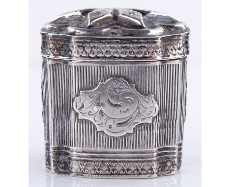 A small Dutch silver snuff box in the form of a tea caddy, relief embossed and engraved decoration, height 43mm