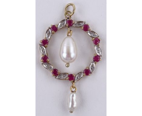 An unmarked gold ruby pearl and diamond pendant, height excluding loop 35mm, 2.8g
