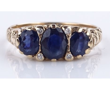 A 7-stone sapphire and diamond ring, floral engraved bridge, size K, 3.1g