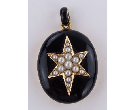 An unmarked gold split pearl and enamel memorial locket, with inset hair panel, back height excluding loop 31.5mm