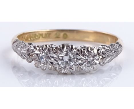 An 18ct gold 3-stone diamond ring, total diamond content approx 0.2cts, size M, 2.9g