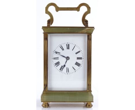A 19th century French brass and onyx cased carriage clock, 8-day striking movement, case height 14.5cm, in original leather t