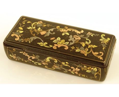 A 19th century tortoiseshell snuff box, with ornate gold and silver inlaid pique decoration, length 6.5cm