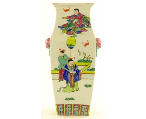 A Chinese square-section porcelain vase, hand painted figures, lion ring handles, height 42cm