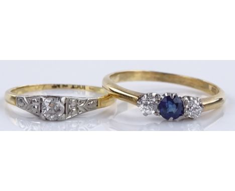 An 18ct gold 3-stone sapphire and diamond set ring and an 18ct gold solitaire diamond ring, 3.7g gross (2)