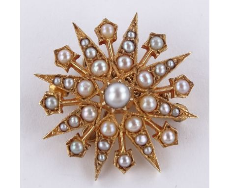 A 9ct gold seed pearl starburst brooch, diameter 26.4mm, 6.4g