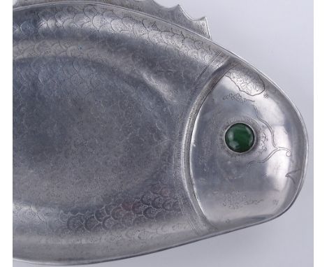 An Arthur Court Designs cast aluminium fish design dish, with engraved scales and large polished jade eye, dated 1975, length