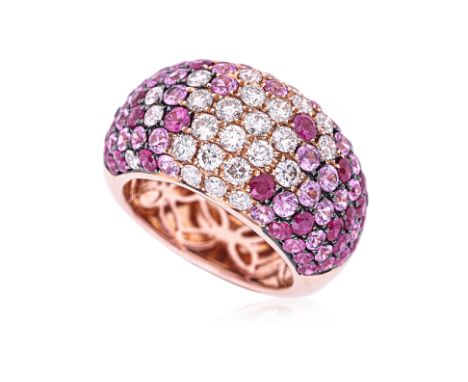 A RUBY, PINK SAPPHIRE AND DIAMOND RING Featuring round brilliant cut diamonds totalling approximately 1.37 Cts (marked), moun