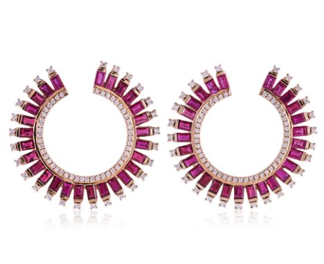 A PAIR OF RUBY AND DIAMOND EARRINGS Featuring baguette cut rubies totalling approximately 5.73 Cts (marked), mounted on an 18