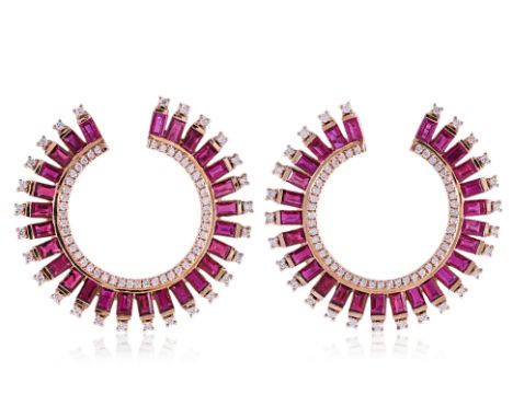 A PAIR OF RUBY AND DIAMOND EARRINGS Featuring baguette cut rubies totalling approximately 5.73 Cts (marked), mounted on an 18