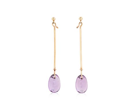 A PAIR OF AMETHYST 'DEW DROP' EARRINGS BY GEORG JENSEN Featuring a pair of cabochon drop amethyst weighing approximately 18.0