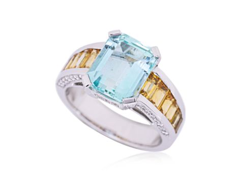 AN AQUAMARINE, YELLOW SAPPHIRE AND DIAMOND RING Featuring an emerald cut aquamarine weighing approximately 4.00 Cts, mounted 