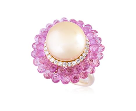 A CULTURED SOUTH SEA PEARL, PINK SAPPHIRE AND DIAMOND RING Featuring a cultured golden south sea pearl measuring approximatel