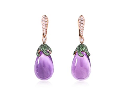 A PAIR OF AMETHYST, TSAVORITE AND DIAMOND DROP EARRINGS Featuring a pair of drop shaped amethyst weighing approximately 42.35