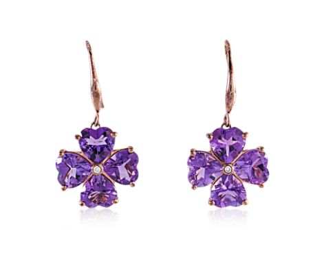 A PAIR OF AMETHYST AND DIAMOND 'CLOVER' DROP EARRINGS Featuring heart shaped amethyst accented with round brilliant cut diamo