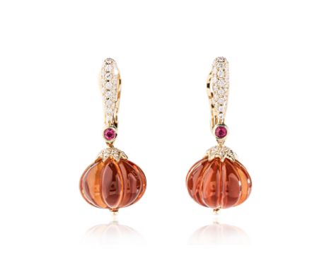 A PAIR OF CARVED CITRINE, RUBY AND DIAMOND DROP EARRINGS Featuring two carved citrines weighing approximately 22.65 Cts (mark