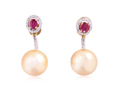 A PAIR OF CULTURED PEARL, RUBY AND DIAMOND DROP EARRINGS Featuring a pair of cultured south sea pearls measuring approximatel