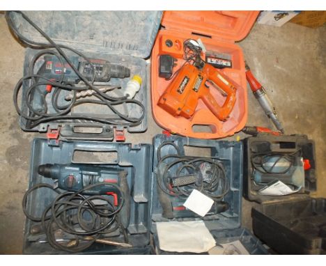 A QUANTITY OF CASED TOOLS TO INCLUDE PLANER, BOSCH DRILL, PASLODE NAIL GUN, HAMMER DRILLS ETC