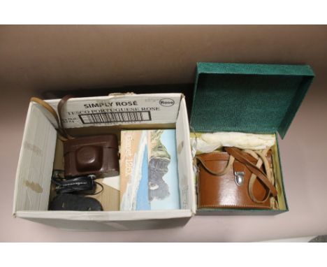 A CASED SET OF BINOCULARS, VINTAGE CAMERAS ETC