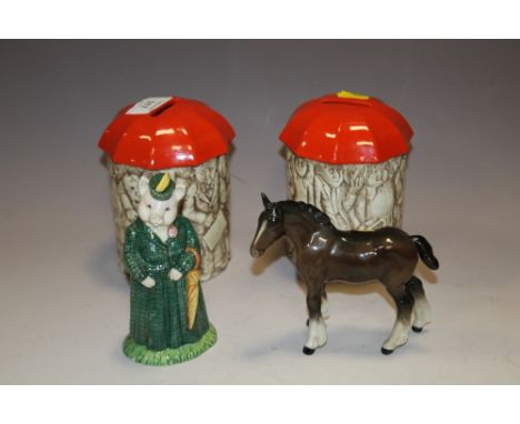 A BESWICK COUNTRY CHARACTERS FIGURE LADY PIG, TOGETHER WITH A BESWICK SHIRE FOAL FIGURE AND TWO BESWICK SAVING FOR A RAINY DA