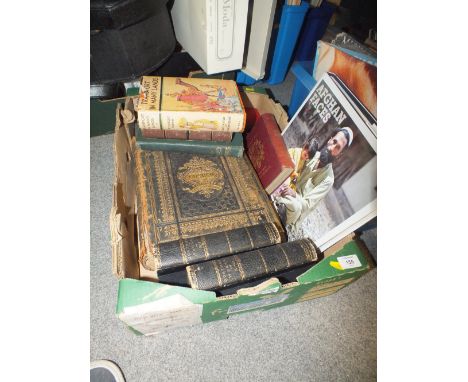 A TRAY OF VINTAGE BOOKS TO INCLUDE A LARGE BIBLE, GOETHE'S WORKS ETC.