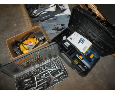 A SOCKET SET, BENCH GRINDER, LASER CIRCULAR SAW, ENGRAVER, CASED HAMMER DRILL