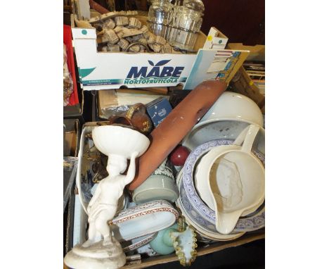 TWO TRAYS OF CERAMICS & SUNDRIES TO INC OPALESCENT VINTAGE GLASS JUG, PICTURES & PRINTS ETC