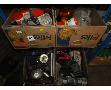 FOUR BOXES OF MIXED TOOLS AND PARTS TO INCLUDE POWER DRILLS, LAMPS GREASE ETC 