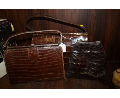 A COLLECTION OF THREE LADIES VINTAGE CROCODILE EFFECT LEATHER HANDBAGS, the smaller one having damages, largest W 36 cm, H 21