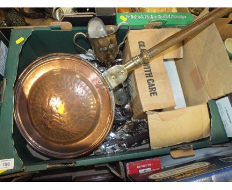 A TRAY OF SILVER PLATED FLATWARE, COPPER WARMING PAN ETC