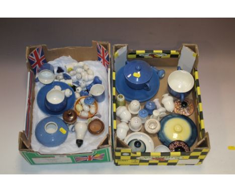 TWO TRAYS OF MOORCROFT ETC TO INC CERAMIC CRUET PIECES