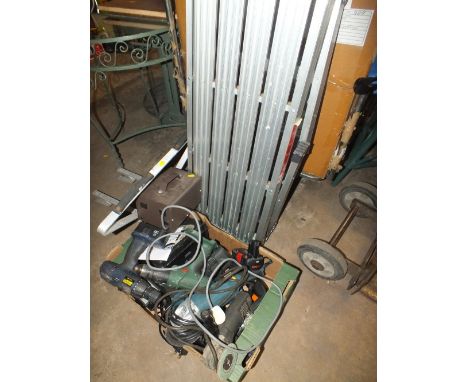 A QUANTITY OF POWER TOOLS, POWER PACKS, PLATFORM LADDER ETC
