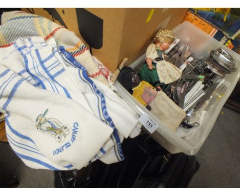 A BOX OF FLATWARE TOGETHER WITH TWO VINTAGE DOLLS, BLANKET ETC. 