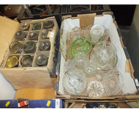 A BOX OF VINTAGE KILNER JARS IN ORIGINAL PACKAGING PLUS A TRAY OF PRESSED GLASS
