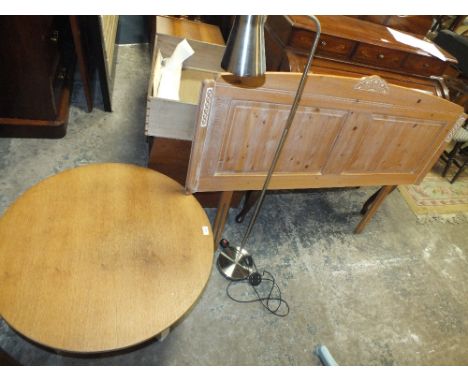 A SHABBY CHIC PAINTED CIRCULAR COFFEE TABLE, TOGETHER WITH A HEADBOARD, MAHOGANY TROLLEY AND SPOT LAMP (4))