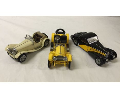 3 Franklin Mint 1:24 scale cars: 1. 1915 Stutz Bearcat, 2. 1936 Bugatti Type 57SC & 3. 1938 Jaguar SS-100 - unboxed.