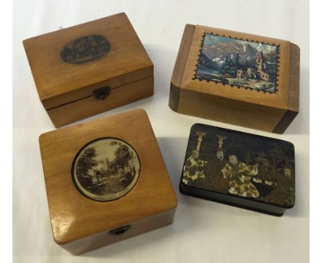 4 wooden trinket boxes to include oriental black laquer & photographic lidded example of Northallerton Church.