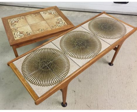 2 tile top coffee/lounge tables. One with retro circle design 126cm x 44cm. The other with floral design tiles, 72 x 52cm.