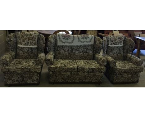 3 pieces cottage suite in tapestry fabric with 2 arm chairs and 2 seater sofa.