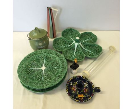 A Portuguese cabbage leaf sectioned dish and 3 plates, with a blackbird pie funnel, a striped vase, 2 bargeware items and a g