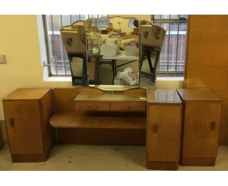 A vintage walnut veneer bedroom set comprising of a dressing table complete with 3 section mirror and glass top protector. 2 